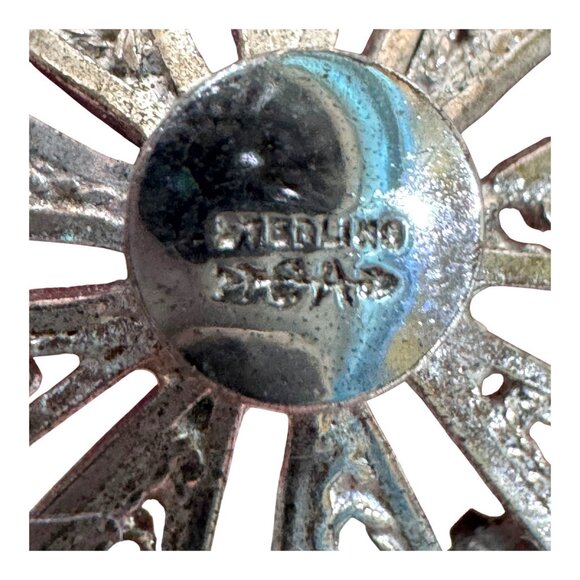 Vintage Sterling Silver Filigree Flower Brooch Intricate Starburst Rhinestone - Picture 3 of 5